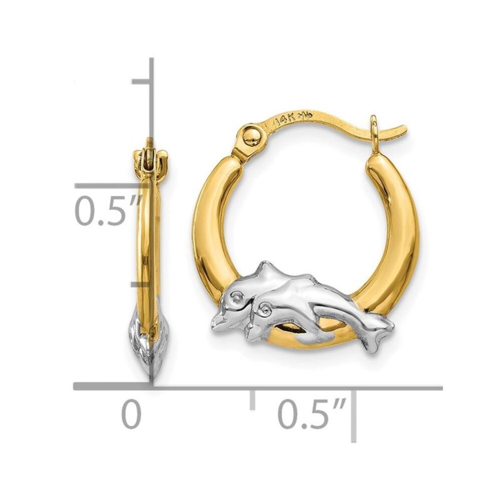 10k Yellow Gold & Rhodium Dolphin Hoop Earrings - image 3